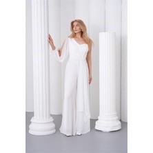 Neşeli Butik Kadın Beyaz Tek Kol Astarlı Tül Kumaş Tasarım Abiye Tulum NBS9389
