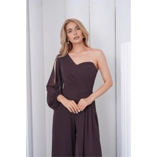 Neşeli Butik Kadın Kahverengi Tek Kol Astarlı Tül Kumaş Tasarım Abiye Tulum NBS9389