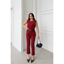 Neşeli Butik Kadın Bordo Omuz Düğme Detaylı Kolsuz Blazer Pantolon Takım ---NBTKM4061