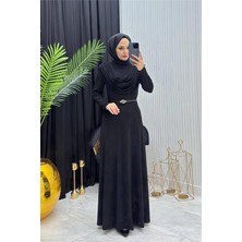Neşeli Butik Kadın Siyah Sandy Kumaş Degaje Yaka Kemer Detaylı Tesettür Elbise---- NMS096