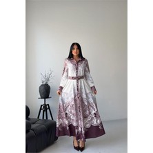 Neşeli Butik Kadın Mor Gömlek Yaka Kemer Detaylı Desenli Tasarım Elbise NBMS2648