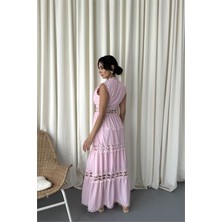 Neşeli Butik Kadın Pembe V Yaka Güpür Detaylı Kat Kat Kolsuz Tasarım Elbise NBMS23179