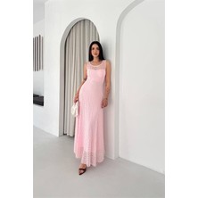 Neşeli Butik Kadın Pembe Transparan Detaylı Tam Boy Astarlı Dantel Elbise NBK4619