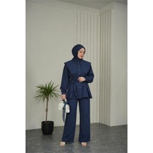 Neşeli Butik Kadın Lacivert Geniş Kesim Yaka Detaylı Kuşaklı Ikili Tesettür Takım NBVQ3148