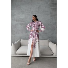Neşeli Butik Kadın Mor Kemerli Uzun Desenli Gömlek Elbise NBMS4220