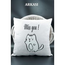 Tech Butiq Harfli Kırlent Kılıfı Kadife 43X43 cm Çift Taraflı K Harfi Kedi Desenli Evlilik Teklifi Doğum Günü