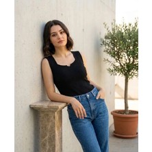 Urumday Merserize Kare Yaka Fitilli Yırtmaçlı Atlet Bluz