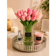 Vinnos Home & Concept Pembe Lale Aranjmanı - Cam Vazo, 350 gr Mum ve 30 Mı Oda Parfumü Dekoratit Hediye Setiy