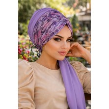 Aişe Tesettür Lila Bahar Çiçek Desen Hazır Şal