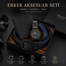 Erkek Hediye Seti Çift Taraflı Kemer Cüzdan Saat Özel Kutulu