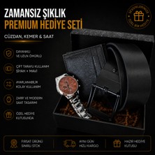 Erkek Hediye Seti - Çift Taraflı Siyah/mavi Kemer, Klasik Cüzdan ve Metal Kordon Saat Kombini