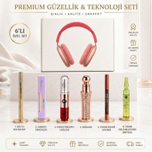 Premium Bluetooth Kulaklık ve 6'lı Makyaj Hediye Seti - Airpods Max Uyumlu Pembe Kulaküstü Kulaklık, Maskara, Lipgloss Kozmetik Seti