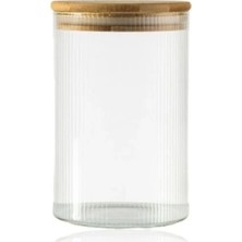 Die Grup 300 ml Bambu Kapaklı Yuvarlak Çizgili Cam Kavanoz