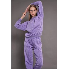 Ponçik Kadın Yıkamalı Oversize Cepli 2 Iplik Eşofman Takım Lila 24532