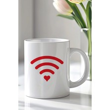 Mio Life Kalp Wifi Simgeli 330ML Baskılı Beyaz Seramik Kupa Bardak