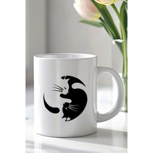 Mio Life Siyah Beyaz Kedi Desenli 330ML Baskılı Beyaz Seramik Kupa Bardak