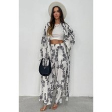 Nana & Mayka Moda Kadın Gri Desenli Gofre Kimono Pantolon Takım Yazlık Bohem Salaş Alt Üst Kombin