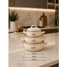 Lucky Clover Rosa Serisi 3’lü Emaye Tencere Seti Hepsi Kapaklı Toplam 6 Parça 18-16-14 cm