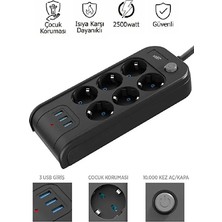Light Nova Çoklu 6'lı Priz Akım Korumalı 3xusb 3.4A 2500 Watt 2 Metre Uzatma Kablosu Anahtarlı Çocuk Korumalı