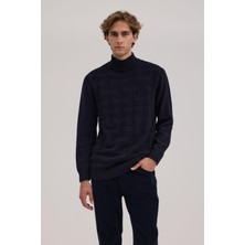 Jakamen Lacivert Slim Fit Desenli Pamuklu Tam Balıkçı Yaka Triko