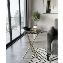 Umela Home Titanyum Şampanya Lüks Metal Sehpa - Dijital Baskılı Modern Cam Tablalı