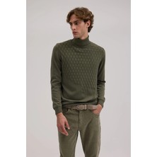 Jakamen Haki Slim Fit Desenli Tam Balıkçı Yaka Triko