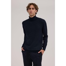 Jakamen Lacivert Slim Fit Desenli Tam Balıkçı Yaka Triko