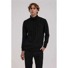 Jakamen Siyah Slim Fit Desenli Tam Balıkçı Yaka Triko