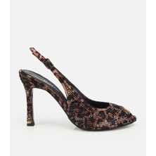 Hotiç 01SAH321080A499 KADIN Saten Leopar Desenli Taşlı Burnu Açık Topuklu Sandalet