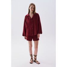 Mudo Kadın Bordo Relax Fit Keten Şort