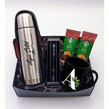 As Gift Kişiye Özel Çelik Termos & Siyah Kupa & Siyah Kalem & Starbucks Kahve Hediye Seti