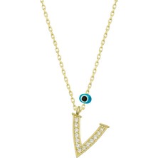 Yvz Store 925 Ayar Gümüş Nazar Gold V Harfi Kadın Gümüş Kolye