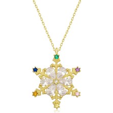 Yvz Store 925 Ayar Gümüş Gold Renkli Taşlı Kar Tanesi Kadın Gümüş Kolye