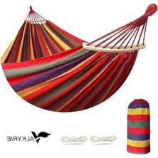 2 Kişilik Renkli Kanvas Hamak 260X150 cm Taşıma Çantalı Ahşap Çubuklu Bahçe Kamp Hamağı Kırmızı