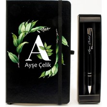 As Gift Kişiye Özel Botanik Tasarımlı Siyah Defter & Kişiye Özel Siyah Tükenmez Kalem Hediye Seti