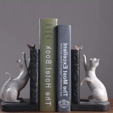 Die Grup Dekoratif Kedi Figürlü Ikili Kitap Tutucu – Beyaz Renk