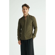 Redline Flex Slim Fit Haki Renk Erkek Gömlek Uzun Kol Kolay Ütü Klasik Stil
