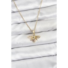 Almira Butik Mey Ithalat® 316L Çelik Zincir Gold Renk Sinek Model Zirkon Taşlı Kadın Kolye