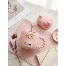 Bam Sevimli Kedi Kapaklı Kaşıklı Seramik Kupa