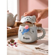 Bam Sevimli Kedi Kapaklı Kaşıklı Seramik Kupa