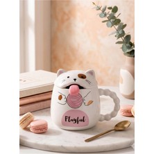 Bam Sevimli Kedi Kapaklı Kaşıklı Seramik Kupa