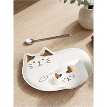 Bam Sunum Tabaklı Kedi Tasarım Kaşıklı Gold Detaylı Seramik Kupa