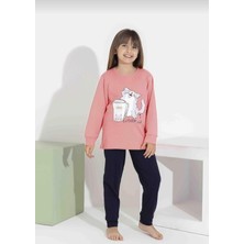 Rapapa Kız Çocuk Kedi Baskılı Uzun Kollu Pijama Takımı – Rahat Ev Giyimi-8411-