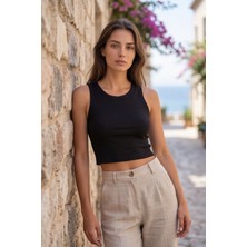 Liarca Premium Pamuklu Kumaş Kadın Siyah Crop Atlet - U Yakalı Spor ve Şık Basic Bluz - Slim Fit Yazlık Üst