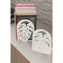 Die Grup Dekoratif Metal Kitap Tutucu, Beyaz Yaprak Desenli, Ikili Set