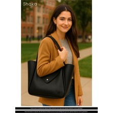 SHAKA SHK249 Siyah Suni Deri Büyük Boy Çıtçıtlı Tek Bölmeli El Kol ve Omuz Çantası Moda Koleksiyonu