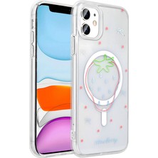 HTstore iPhone Uyumlu 11 Kılıf M-Safe Şarj Özellikli Şeffaf Zore Folk Sert Kapak-Çilek