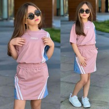 Ay Kids Kız Çocuk Şerit Detaylı Jean Garnili Etekli Takım – Pembe Spor Şık 2’li Takım 32096-P