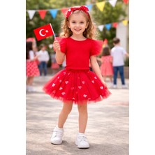 Kız Çocuk 19 Mayıs Tütü Takım – Kırmızı Kalp Detaylı Tül Etek & Fırfırlı Üst