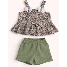 Kız Bebek Çiçek Desenli Askılı Şort Takım 9-24 Ay Yazlık Şık Kombin